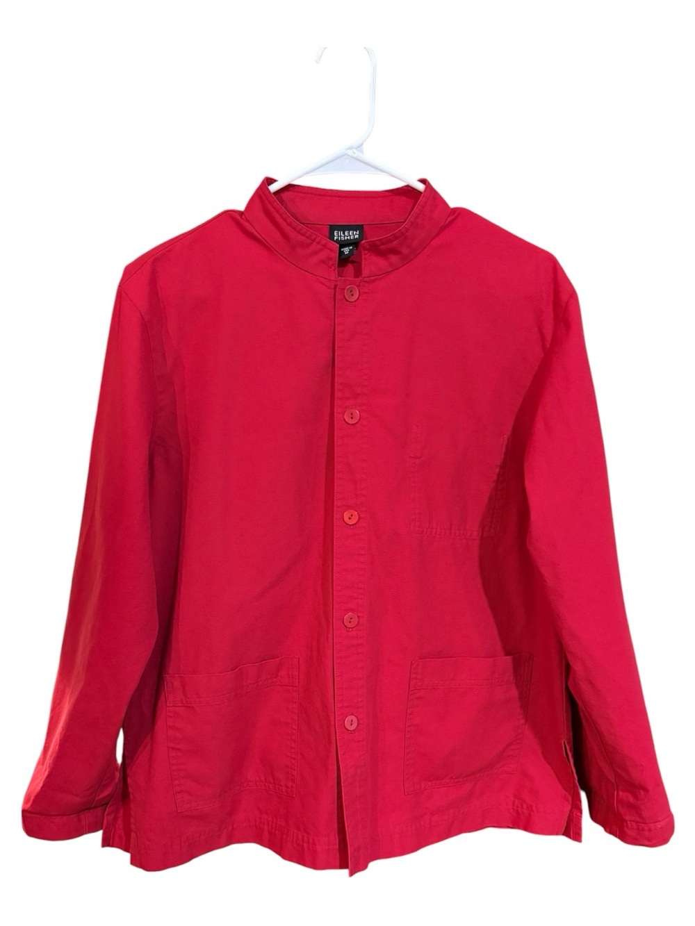 Eileen Fisher Vibrant Red Collarless Cotton Button Shirt Jacket